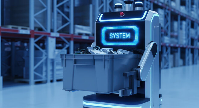 Autonomous robot carrying container warehouse shows e commerce logistics evolution with smart system and futuristic technology for efficient