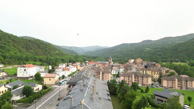 Aerial view of historic town bell tower Vilaller in Catalonia in Lleida Spain, landscape old medieval rural small town