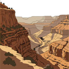 Scenic of a vast grand canyon landscape with layered rocky cliffs deep valleys and sparse desert vegetation under a clear sky © shahin10