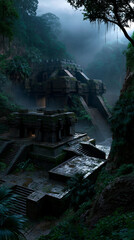 Fototapeta premium fantasy jungle with ancient mayan temple ruins, mystical rainforest with hidden mayan temple, lush tropical forest surrounding ancient stone temple