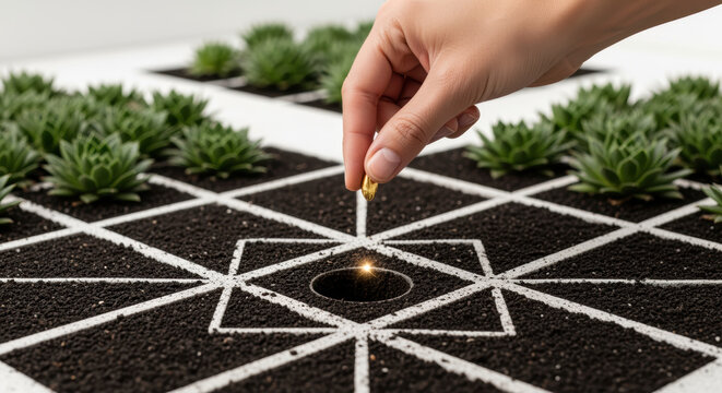 Skill gap analysis concept with hand planting seed in soil surrounded by green succulent plants symbolizing growth and opportunity