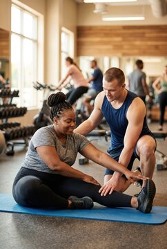 Personal trainer assisting woman with stretching exercise in gym