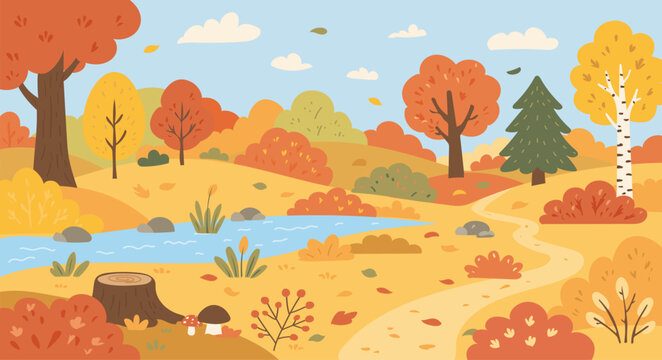 Vector illustrations of nature, autumn natural landscape, forest, trees, river, fields for background or banner. Warm color, cute cartoon style