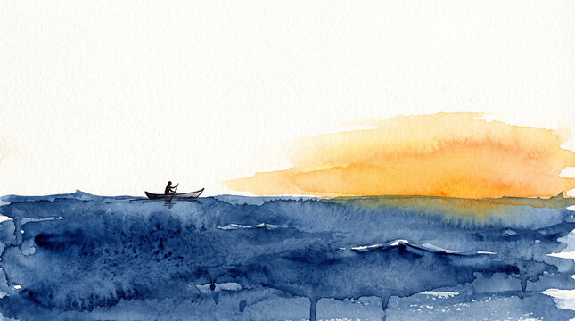 Blue amber watercolor ink tiny canoe on vast ocean, representing small business courage, bold entrepreneurship, facing vast challenges and daring the unknown concept