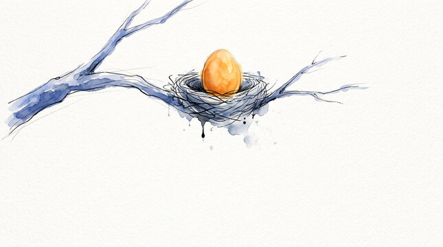 Blue amber watercolor ink nest with single egg on branch, representing courage to start again, business recovery, mental health renewal and one idea being enough concept