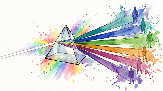 Colorful watercolor ink prism splitting light into rainbow people, representing diversity as spectrum of humanity, inclusion, unity creating variety and multicultural beauty concept