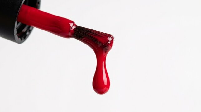 Applying vibrant red nail polish with a brush dripping liquid color on white background