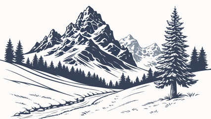 Hand drawn of a mountain range with pine trees and a winding river in a classic black and white ink style © shahin10