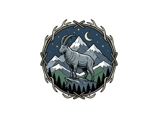 Mountain Goat Emblem With Snowy Peaks, Crescent Moon, Stars, And Antler Wreath Border On Pine Forest Background, Vector Illustration © arisadobe