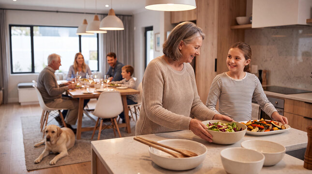 Three Generation Family Sharing Dinner at Home, Grandmother and Granddaughter, Multigenerational Family, Family Values, Estate Planning, Life Insurance and Generational Wealth