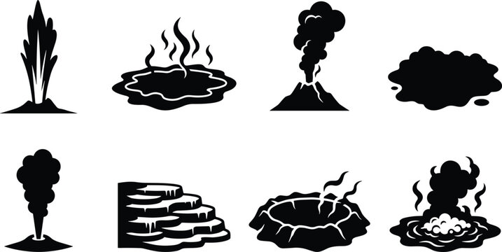 Geothermal and Volcanic Feature Silhouette Collection with Geysers Hot Springs and Craters