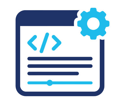 Blue coding document icon with gear on white background