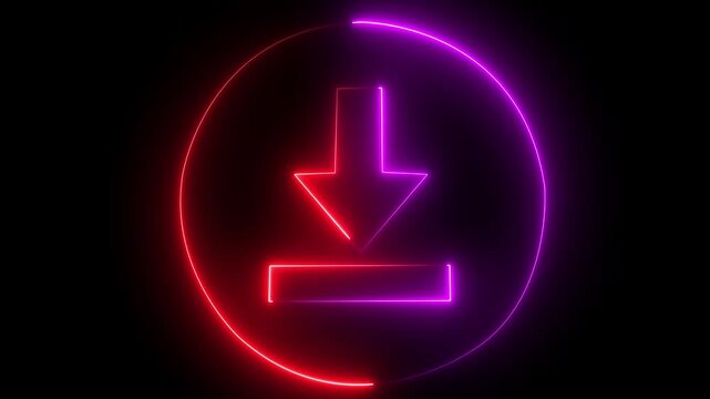 Download icon glows pink and red in a neon circle. This download icon represents a digital file transfer. Download icon animation for apps and website 4k video.