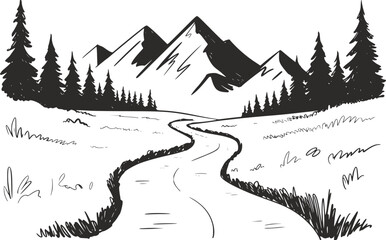 A black and white hand-drawn of a winding river flowing through a forest towards mountains © Milon