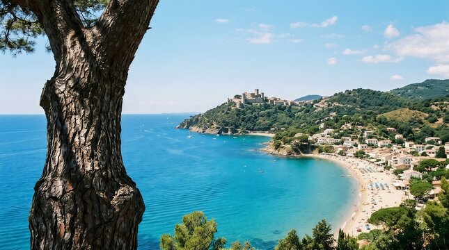 Scenic coastal view of begur castle and sa riera beach in costa brava