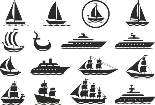 A collection of various black silhouette featuring different types of sailing ships and modern yachts