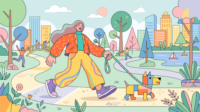Corporate Memphis style vector illustration of an abstract, joyful person with exaggerated proportions walking a colorful, geometric, blocky dog on a path in a modern city park with skyline.