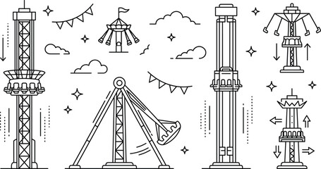 Amusement Park Thrill Ride Icon Vector Set for Carnival and Theme Park Designs © MstBabli