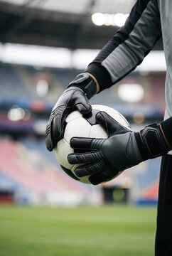 Unbranded goalkeeper gloves holding soccer ball on stadium field