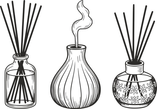 Hand-drawn set of aromatic reed diffusers and a steaming incense bottle for home fragrance decor