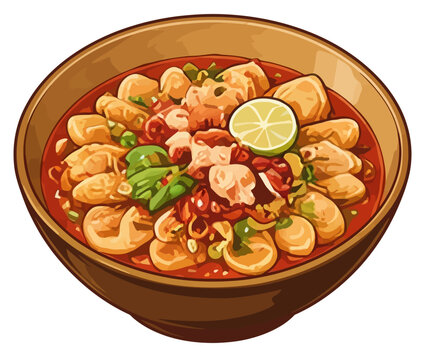 Detailed vector illustration of Indonesian spicy seblak with crackers, egg and vegetables isolated on white background.