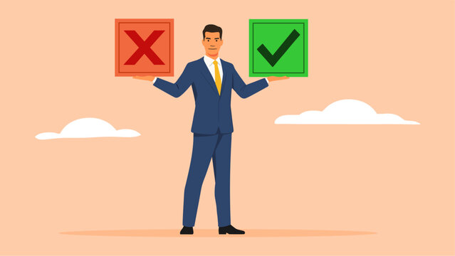 Businessman holding contrasting decision signs on a neutral background
