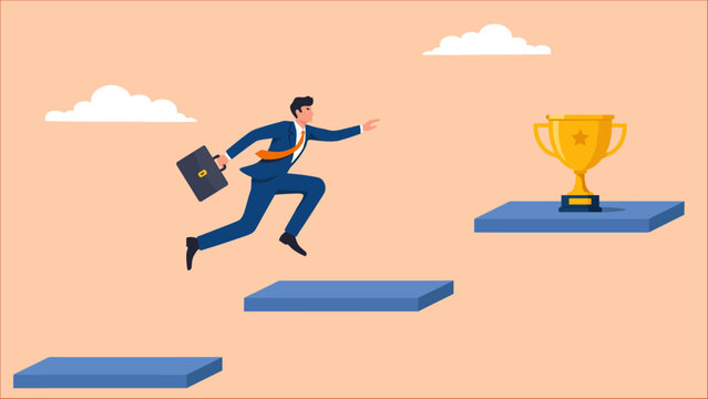 Businessman jumping across platforms towards a golden trophy representing success