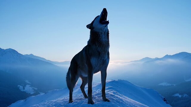 Wolf howling on snowy mountain peak at sunrise