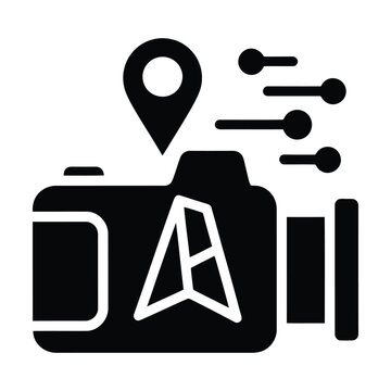 Camera icon with location pin and data points for photography tracking and metadata services as a black vector graphic design