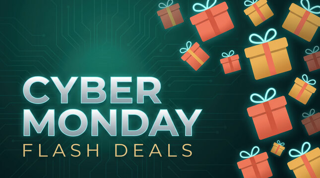 Cyber Monday Flash Deals Banner with Floating Gift Boxes on Digital Background, Online Shopping Discount Promotion Template