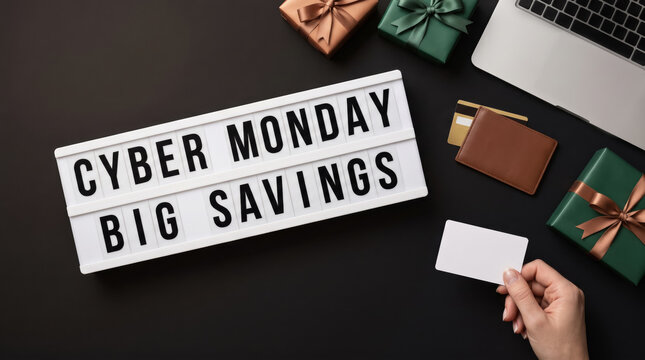 Cyber Monday Big Savings Light Box with Gift Boxes, Laptop and Credit Card on Dark Background, Online Shopping Sale Banner