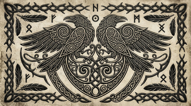 Two celtic ravens facing each other within knotwork frames and runic symbols.
