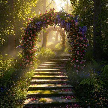 A serene forest path leads to a floral archway