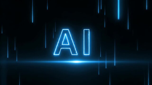 Ai text logo animation with glowing blue light effects and digital rain background