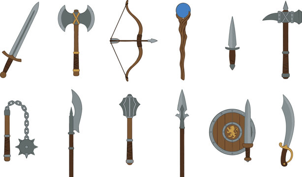 Medieval Weapons and Warrior Armor Vector Icon Set Featuring Sword Battle Axe Bow Arrow Mage Staff Dagger Flail Mace Spear Shield and Scimitar Graphic Designs