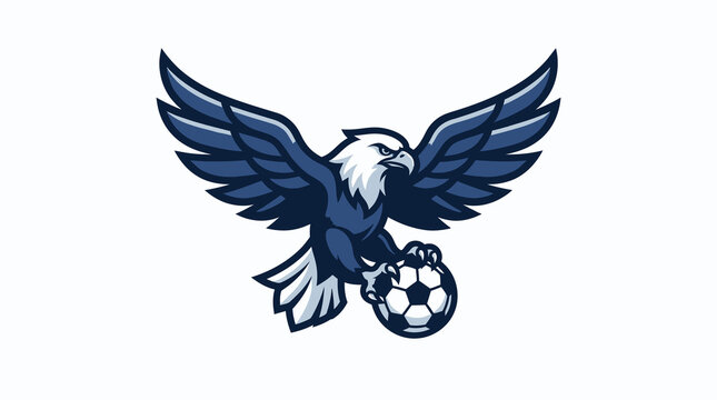 Powerful bald eagle mascot holding a soccer ball in its talons