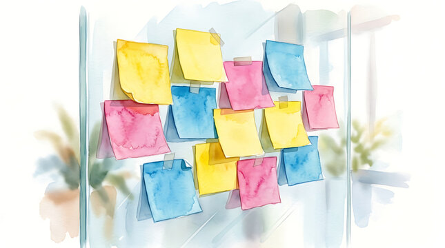 Watercolor illustration of colorful sticky notes arranged on a glass office wall for creative brainstorming sessions and project management visual planning