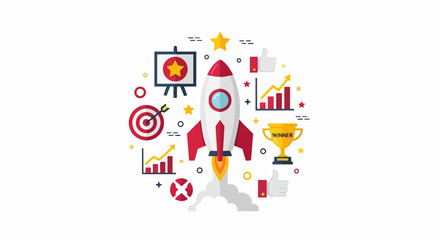 Fototapeta premium Business Startup and Success Concept Vector Illustration with Rocket Launch, Achievement Trophy, Target, and Growth Charts for Financial Progress