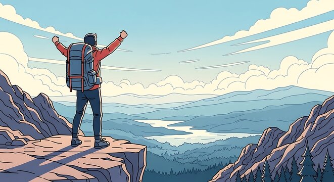 Man standing on mountain peak with arms raised.