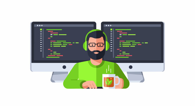 Flat Vector Illustration of a Software Developer Coding with Dual Monitors, Headphones, and a Cup of Tea