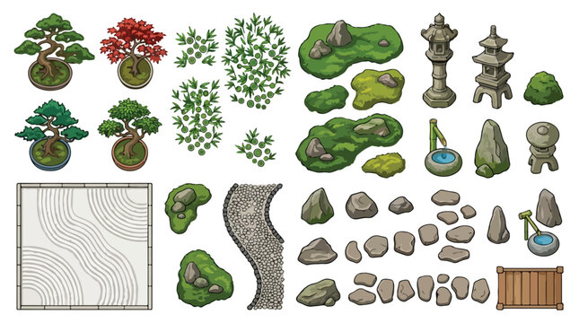 Japanese Zen Garden Vector Elements Set, Traditional Bonsai Trees and Stone Lanterns, Isometric Rock Garden Landscaping Assets for Game Design