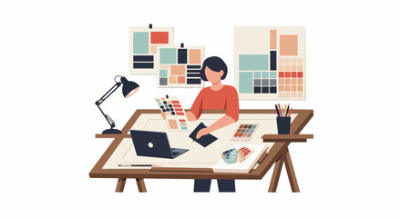 Fototapeta premium Creative Graphic Designer Woman Working at Desk with Laptop and Color Palettes, Flat Vector Illustration of Professional Artist Studio Workspace