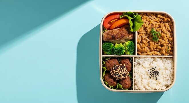 Colorful healthy meal prep containers with assorted foods.