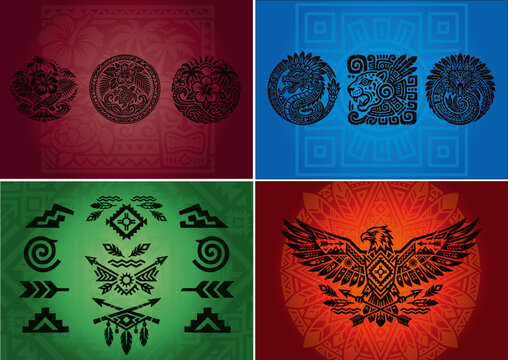 Diverse tribal cultural motifs with Polynesian, Aztec, Native American symbols and stylized eagle, colorful decorative ethnic illustration