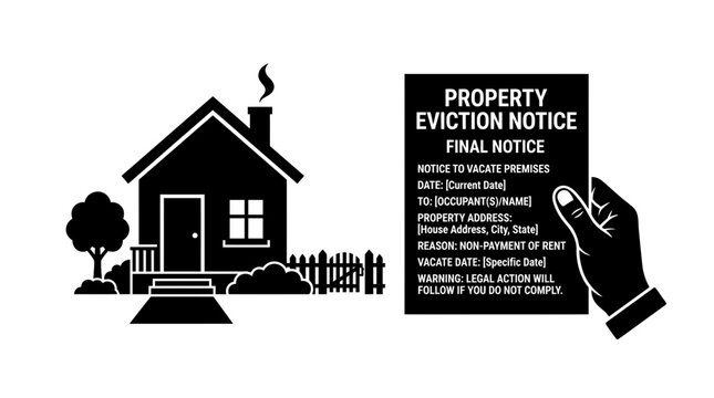Black and white eviction notice sign.