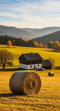A serene landscape of a house amidst rolling hills and hay bales under a cloudy sky