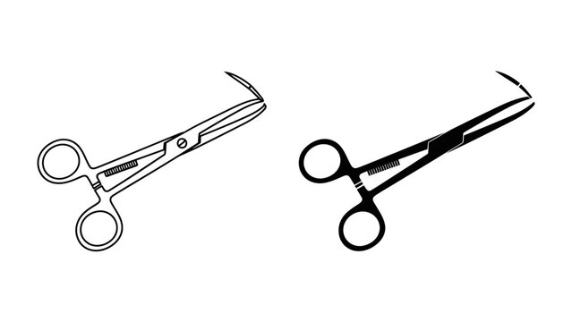 Surgical Hemostat Clamps: A pair of medical hemostat clamps, one in line art and the other in black silhouette, essential surgical tools for controlling blood flow.