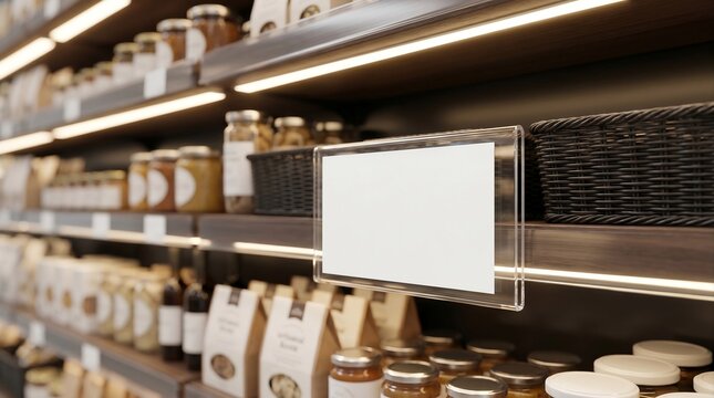 Blank Retail Shelf Sign Mockup on Modern Grocery Store Shelving with Copy Space