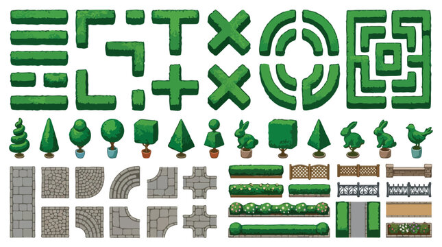 Garden maze construction kit with green hedge walls, topiary trees and stone path tiles, landscape design elements for park map creation