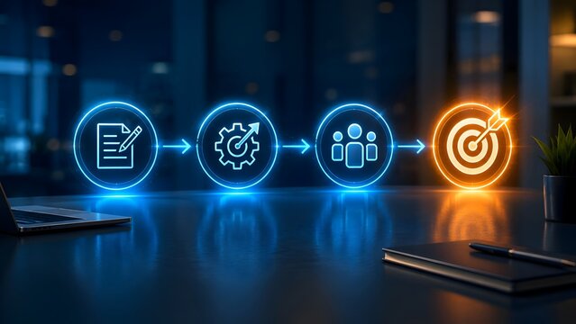 Modern office workflow dashboard with glowing business process icons leading to target achievement representing digital transformation and strategic management